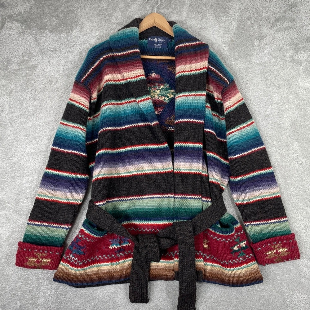 Vintage Ralph Lauren Cardigan Womens Large Aztec Belted Wool Hand Knit FLAW READ